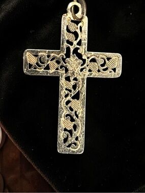 Two-Tone Filigree Cross Pendant Necklace - Silver and Gold Accents